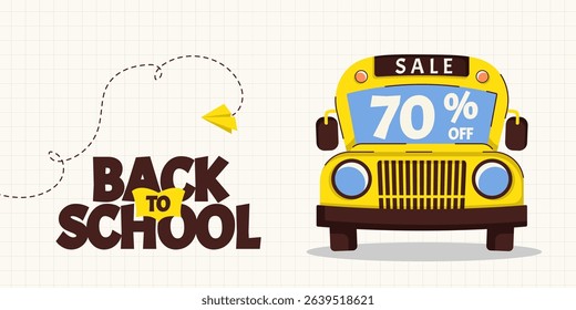 Back to school sale, discount horizontal banner with school bus. Template for education ads and school promotions. Vector illustration