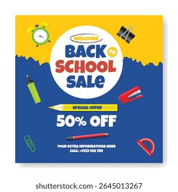 Back to school Sale discount offer banner, Back to school party post, school admission banner, preschool, educational square flyer, or poster background vector template with white blank space for text