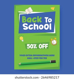 Back to school Sale discount offer, school admission and Back to school party flyer or poster with educational supplies elements, Back to school leaflet, brochure cover design