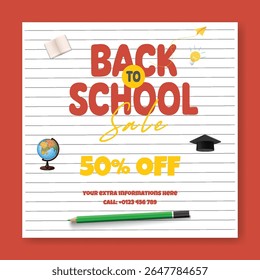 Back to school Sale discount offer post, Back to school party post, school admission banner, preschool, educational square flyer, or poster background vector template with white blank space for text