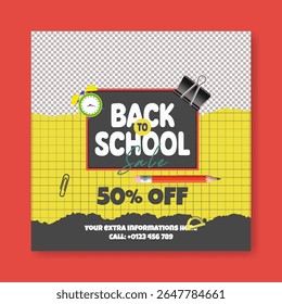 Back to school Sale discount offer post, Back to school party post, school admission banner, preschool, educational square flyer, or poster background vector template with white blank space for text