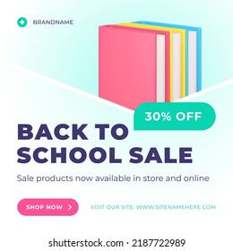 Back To School Sale Discount Special Offer Social Media Post Book Stack Realistic 3d Icon Vector Illustration. Educational Literature Digital Store Online Promo Price Off Clearance Shopping Announce