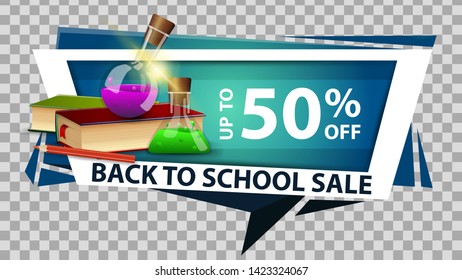 Back to school sale, discount web banner in geometric style with books and chemical flasks