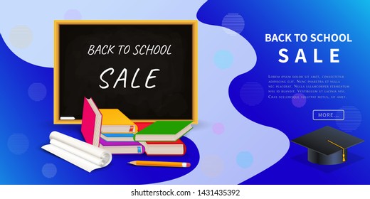 Back to school sale discount web banner for your business or retail marketing promotion with chalkboard, stack of books, paper roll, pencil and graduation cap. Online education