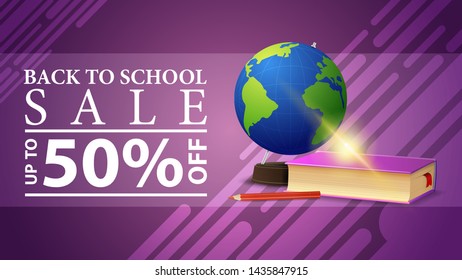 Back to school sale, discount web banner for your site in a modern style with globe and school textbooks