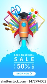 Back to school sale, discount web banner with colorful 3d realistic school supplies and shop now button, educational items for online shopping promotion. Vector illustration