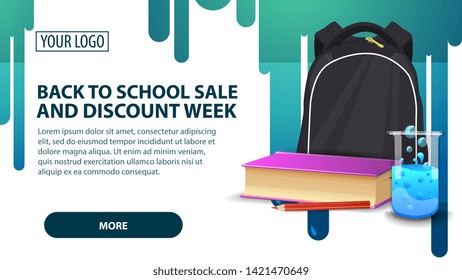 Back to school sale and discount week, banner with school backpack, a book and a chemical flask