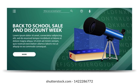 Back to school sale and discount week, modern green web banner for your website with telescope, a map of the constellations and the encyclopedia of astronomy