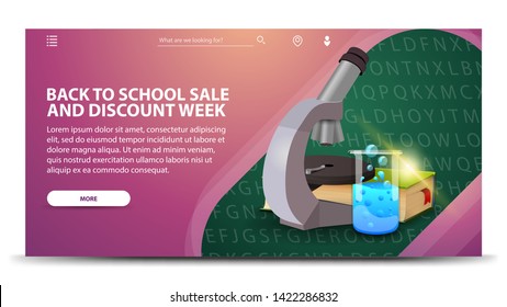 Back to school sale and discount week, modern pink web banner for your website with microscope, books and chemical flask