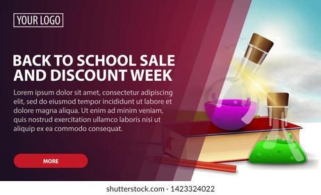 Back to school sale and discount week, creative pink discount web banner for your arts with books and chemical flasks