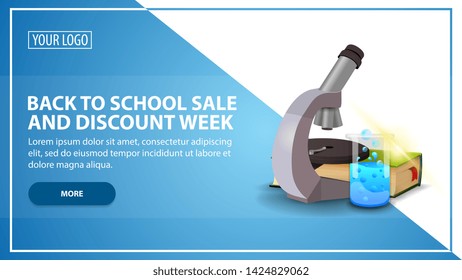 Back to school sale and discount week, discount web banner template for your website in a modern style with microscope, books and chemical flask