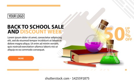 Back to school sale and discount week, white web banner in modern style for your website with books and chemical flasks