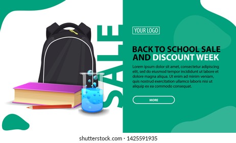 Back to school sale and discount week, horizontal discount banner for your website with modern design, school backpack, a book and a chemical flask