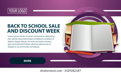 Back to school sale and discount week, banner with school textbooks and notebook