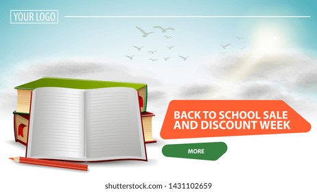 Back to school sale and discount week, clickable web banner for your website with a beautiful cloud background, school textbooks and notebook