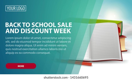 Back to school sale and discount week, creative pink discount web banner for your arts with school textbooks and notebook