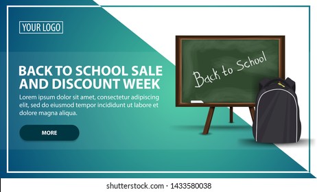 Back to school sale and discount week, discount web banner template for your website in a modern style with school Board and school backpack