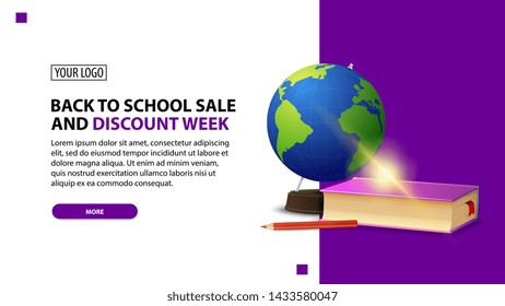 Back to school sale and discount week, discount white minimalist web banner template for your website with globe and school textbooks