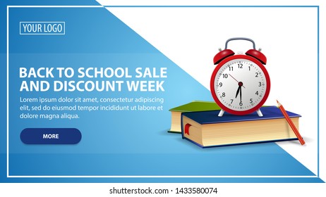 Back to school sale and discount week, discount web banner template for your website in a modern style with school books and alarm clock