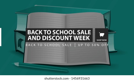 Back to school sale and discount week, green horizontal discount banner with school textbooks and notebook