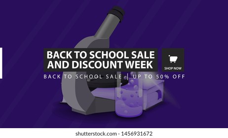 Back to school sale and discount week, blue horizontal discount banner with microscope, books and chemical flask