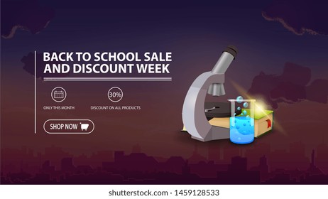 Back to school sale and discount week, discount banner with city on background, microscope, books and chemical flask