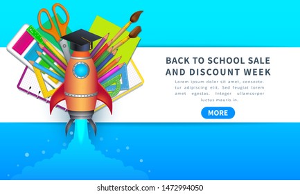 Back to school sale and discount week, horizontal banner with rocket, colorful realistic school supplies and elements, education items for online shopping promotion