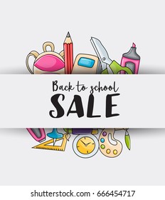 Back to school sale doodle clip art greeting card. Cartoon vector illustration for flyer to banner. Typography script text. 