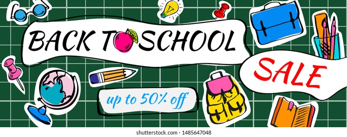 Back to school Sale doodles horizontal background. Vector illustration for banners invitation poster and website