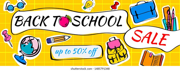 Back to school Sale doodles horizontal background. Vector illustration for banners invitation poster and website