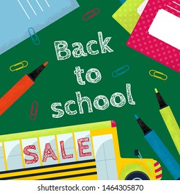 Back to School sale editable template for social networks. Vector design background in flat style.
