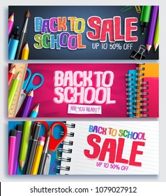 Back to school sale and education discount promotion background vector banner set with sale text and school items in colorful backgrounds. Vector illustration.