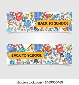 Back to school sale and education discount promotion background vector modern banner set with sale text and school items in colorful backgrounds. Vector illustration.