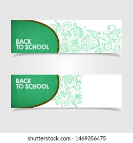 Back to school sale and education discount promotion background vector modern banner set with sale text and school items in colorful backgrounds. Vector illustration.