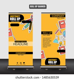 Back to school sale and education discount promotion background vector modern roll banner set with sale text and school items in colorful backgrounds. Vector illustration.