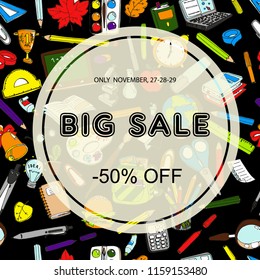 Back to school sale flyer card. Sale pattern template. Seamless pattern element on background. Doodle sketches hand drawn vector. Round transparent frame.