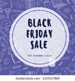 Back to school sale flyer card. Sale pattern template. Seamless pattern element on background. Doodle sketches hand drawn vector. Round transparent frame.