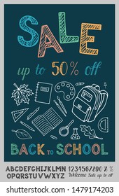 Back to school sale flyer. Composition with educational pattern. Hand drawn alphabet lettering Welcome Back to school Sale, up to % off. Education template concept for poster, flyer, banner, brochure.