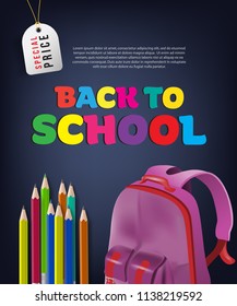 Back to school sale flyer design with violet backpack, colorful pencils and tag on black background. Text can be used for signs, posters, banners