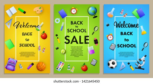 Back to school sale flyer design with backpack, globe, microscope and other supplies. Yellow, green, blue posters set. Vector illustration can be used for banners, ads, signs