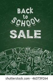 Back to school sale flyer template with different school objects