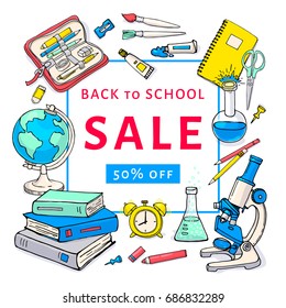Back to school sale flyer template for design. Stationary products illustration. Printed materials for brochures, folder, fliers, banners, leaflet.