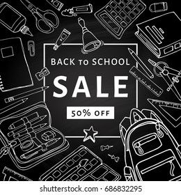 Back to school sale flyer template for design. Stationary products illustration on chalkboard. Printed materials for brochures, folder, fliers, banners, leaflet.