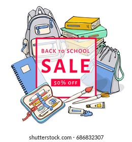 Back to school sale flyer template for design. Stationary products illustration. Printed materials for brochures, folder, fliers, banners, leaflet.