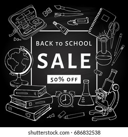 Back to school sale flyer template for design. Stationary products illustration on blackboard. Printed materials for brochures, folder, fliers, banners, leaflet.