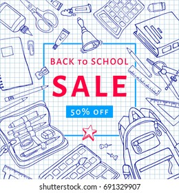Back to school sale flyer template for design. Stationary products illustration on square lined exercise book. Printed materials for brochures, folder, fliers, banners, leaflet.