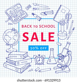 Back to school sale flyer template for design. Stationary products illustration on square lined exercise book. Printed materials for brochures, folder, fliers, banners, leaflet.