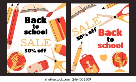 Back to school sale graphic template with design. Colourful banner with different red and yellow elements. Marketing promotion. Vector illustration.