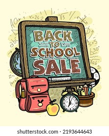Back to school sale graphic vector poster or flyer design with green chalkboard and school things
