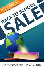 Back to school sale, green vertical discount banner with globe and school textbooks